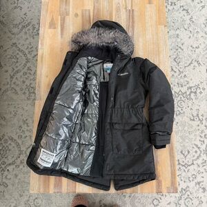 Columbia Kids Black and Silver Puffer Coat with Faux Fur Hood